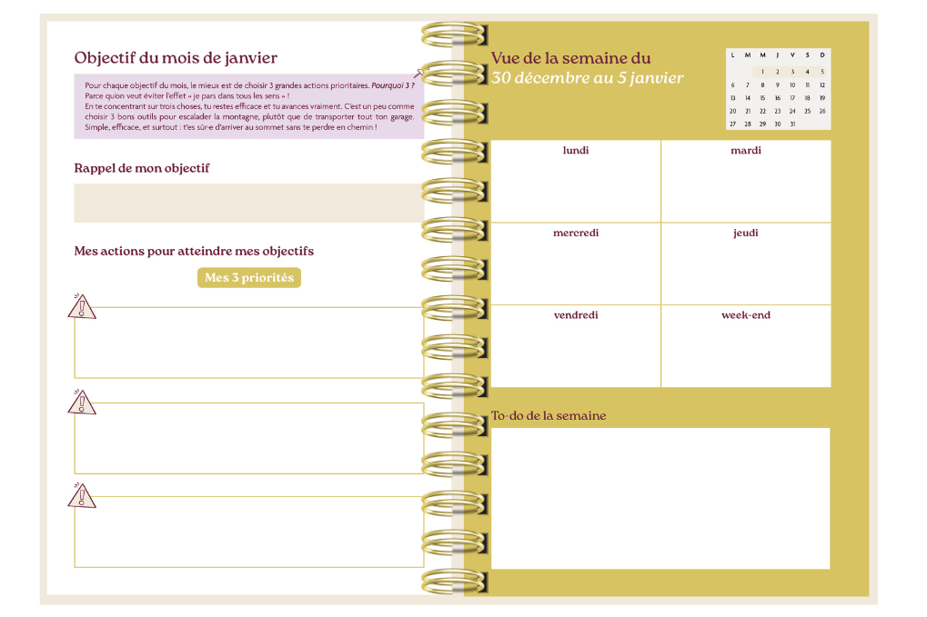 vue hebdomadaire et objectifs du mois de l'agenda de l'entrepreneur